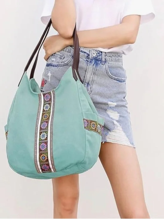 Bohemian Embroidered Tote Bag w/ side pockets Aqua Turquoise color NWT - Picture 4 of 4